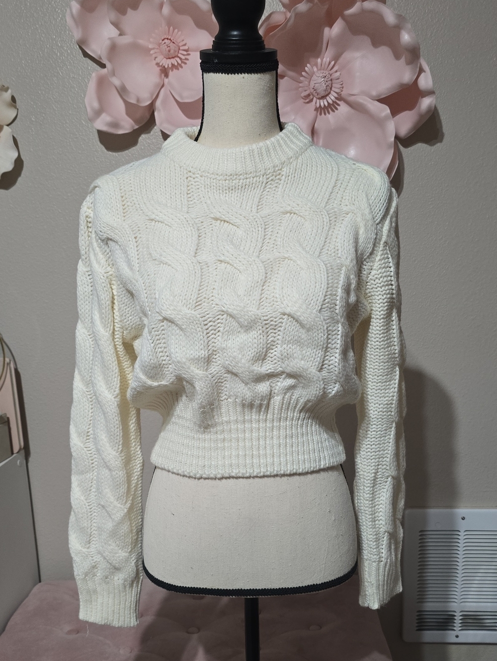 Cropped Cream Cable-Knit Crew Sweater
